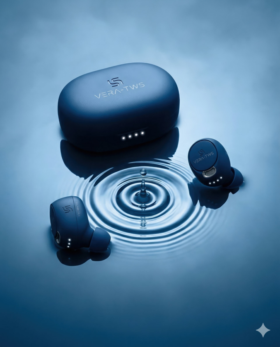 Wireless earbuds floating on water with ripple effect top view google gemini prompt