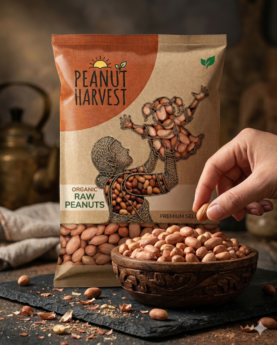 Peanut pouch macro with wooden bowl and raw peanuts google gemini prompt