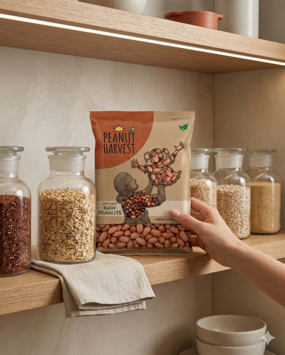 Peanut pouch on pantry shelf with jars minimalist storage google gemini prompt