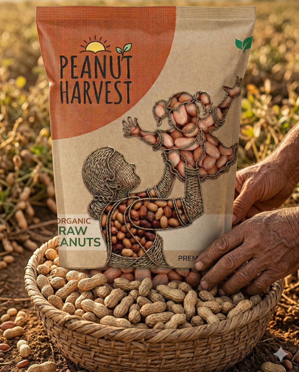 Organic peanut pouch in rustic farm harvest setting google gemini prompt