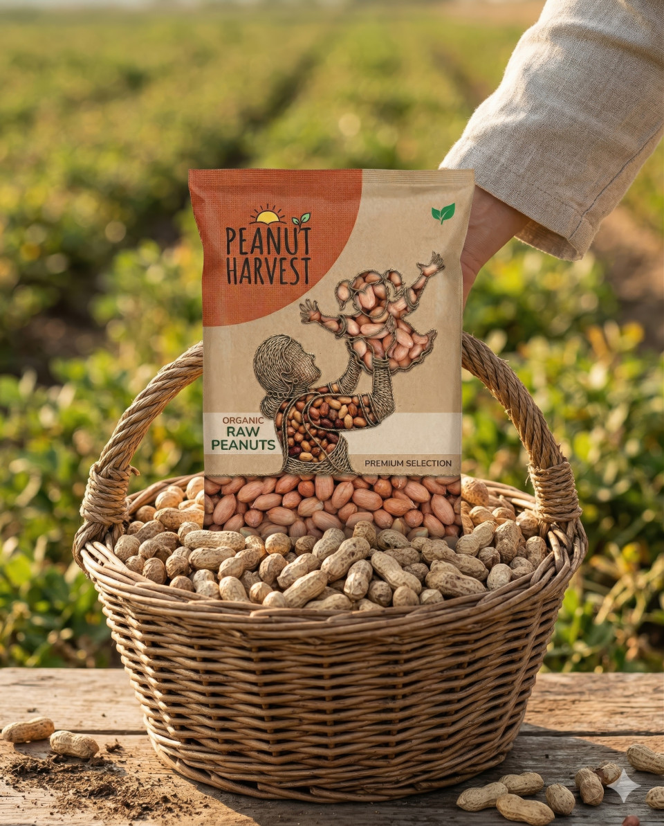 Peanut pouch in wicker basket farm style outdoor scene google gemini prompt