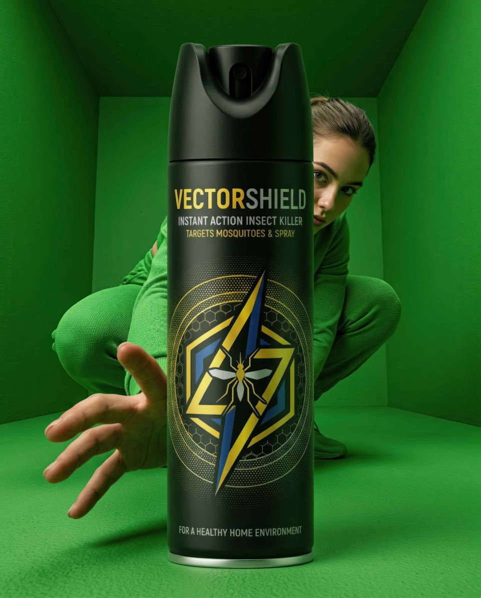 Insect spray can with woman reaching in green fashion studio google gemini prompt