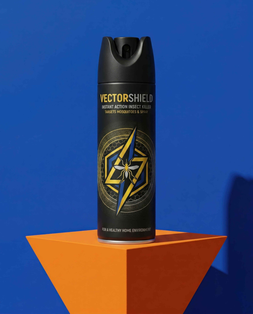 Insect spray can on orange block with blue wall bold design google gemini prompt