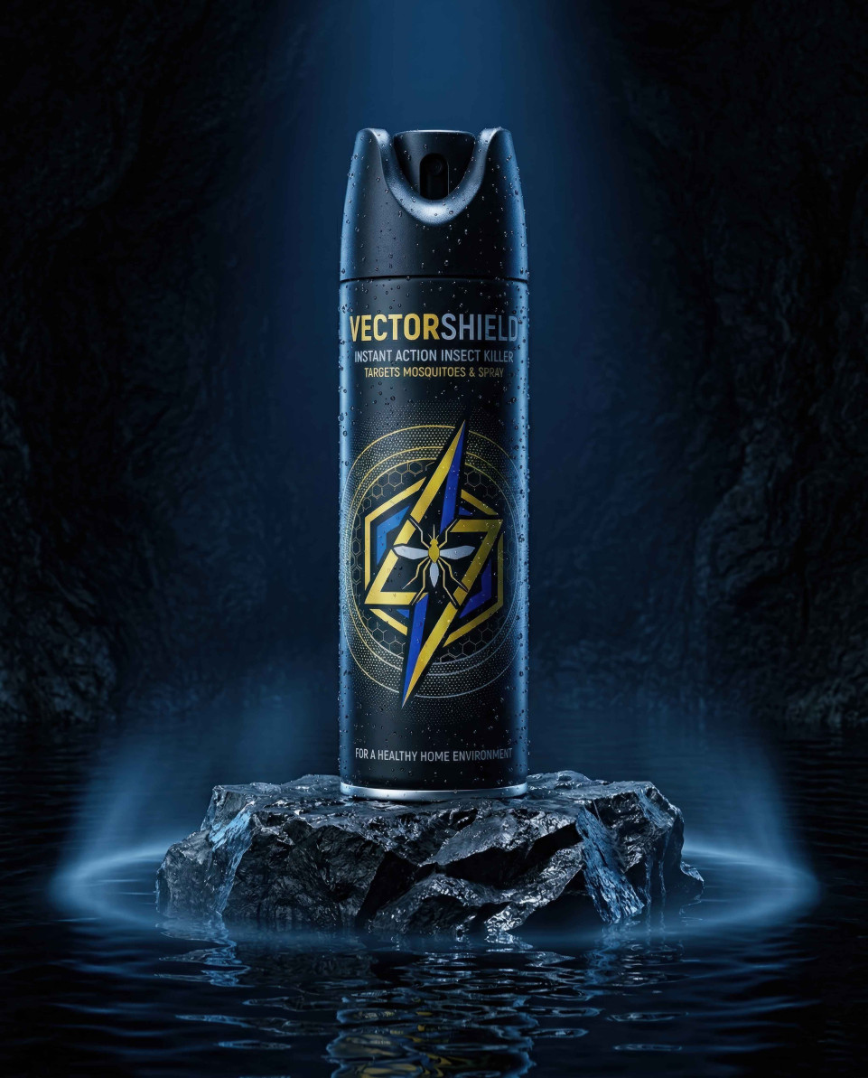 Insect spray can on wet volcanic rock with dramatic blue light google gemini prompt