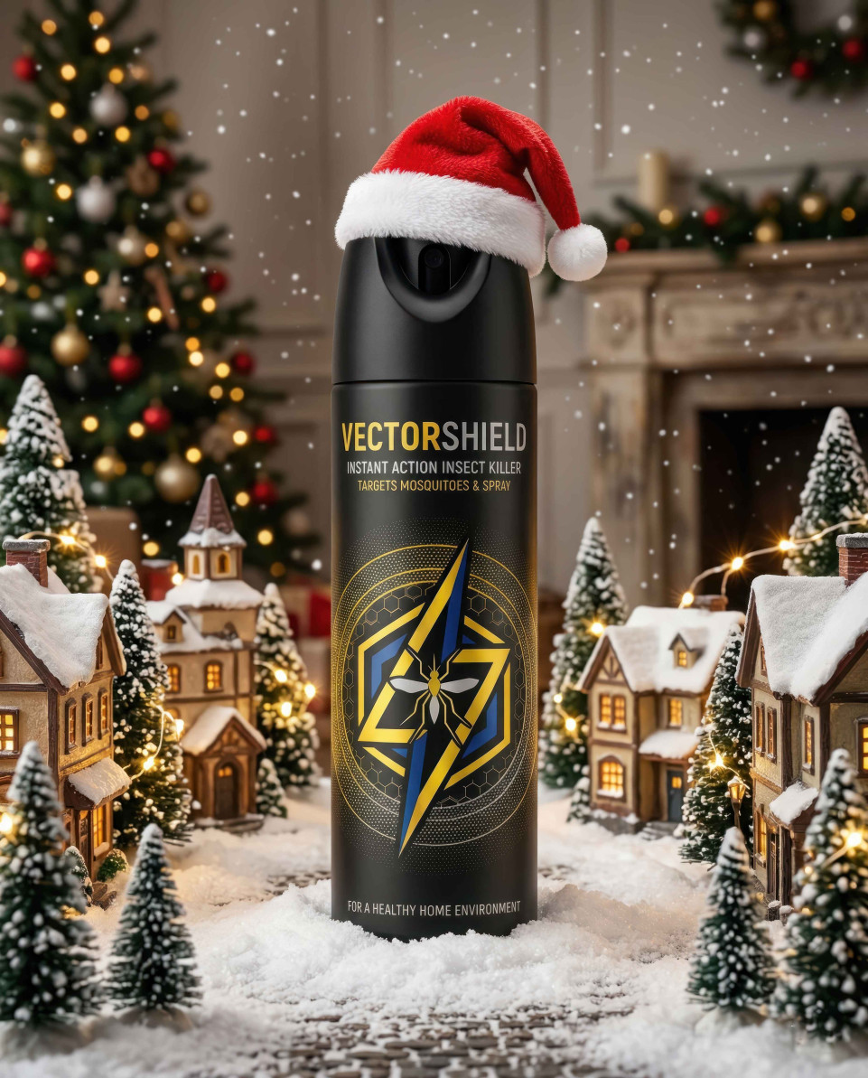 Insect spray can in snowy village with festive holiday lights google gemini prompt