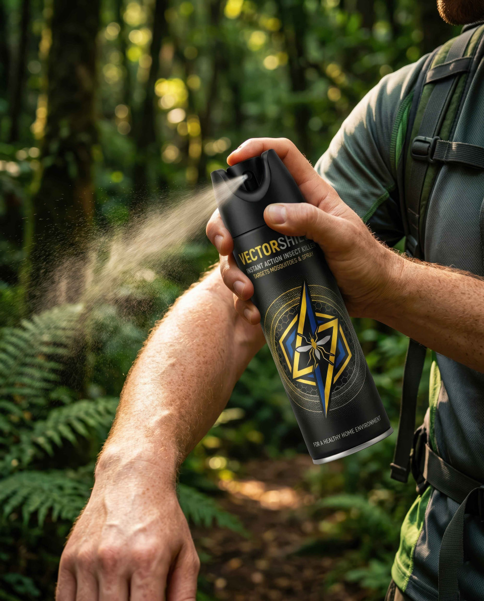 Insect spray can used by hiker in forest outdoor protection google gemini prompt