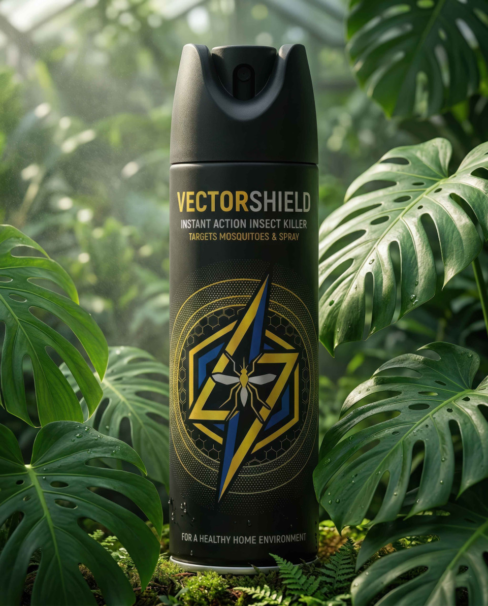 Insect spray can among monstera leaves in greenhouse nature scene google gemini prompt