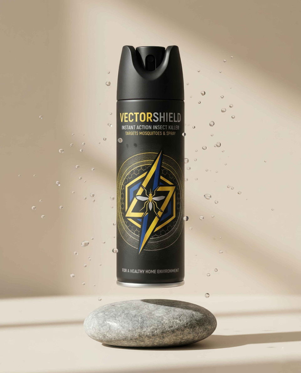 Insect spray can levitating over stone with water droplets zen scene google gemini prompt