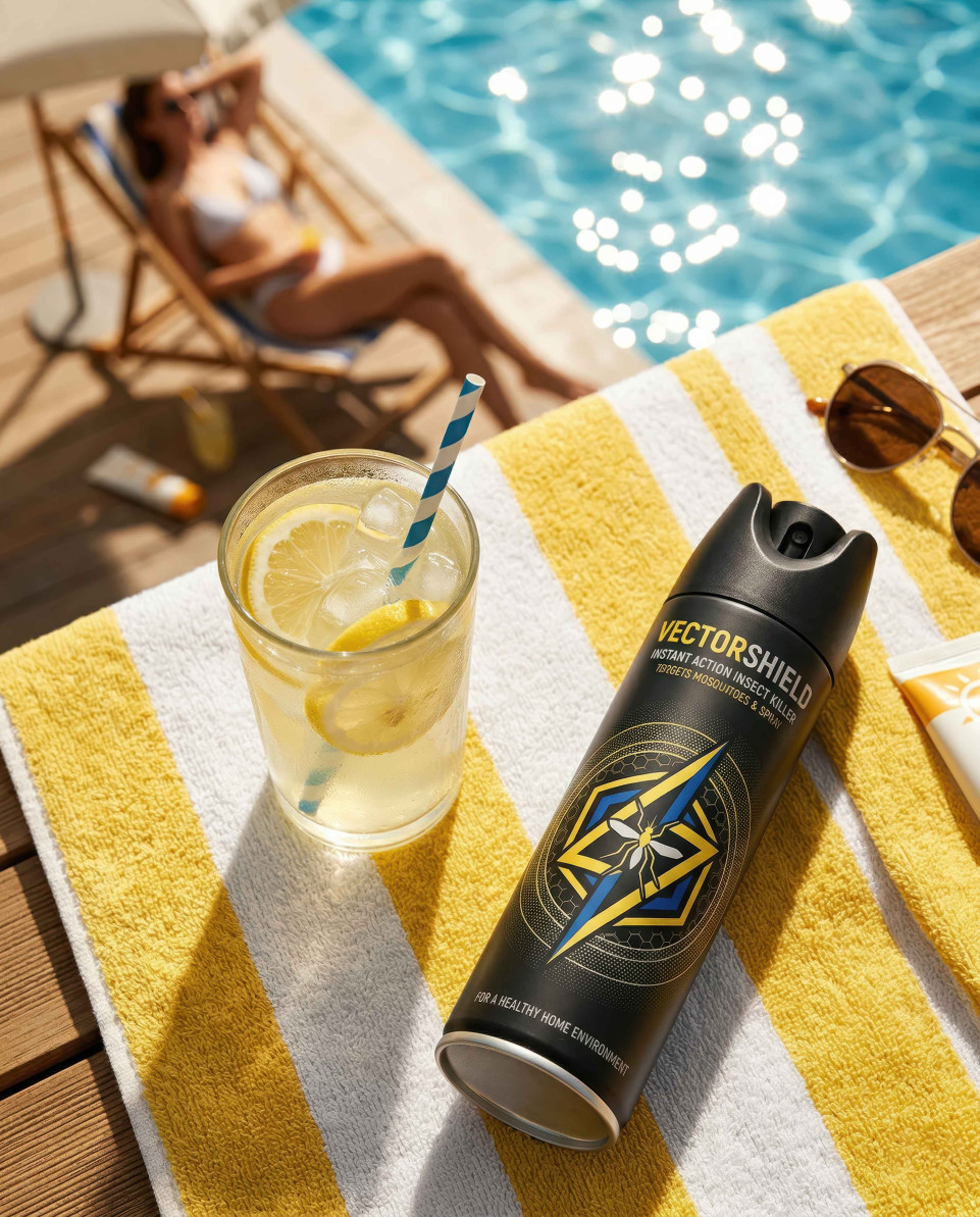 Insect spray can on beach towel with lemonade summer scene google gemini prompt