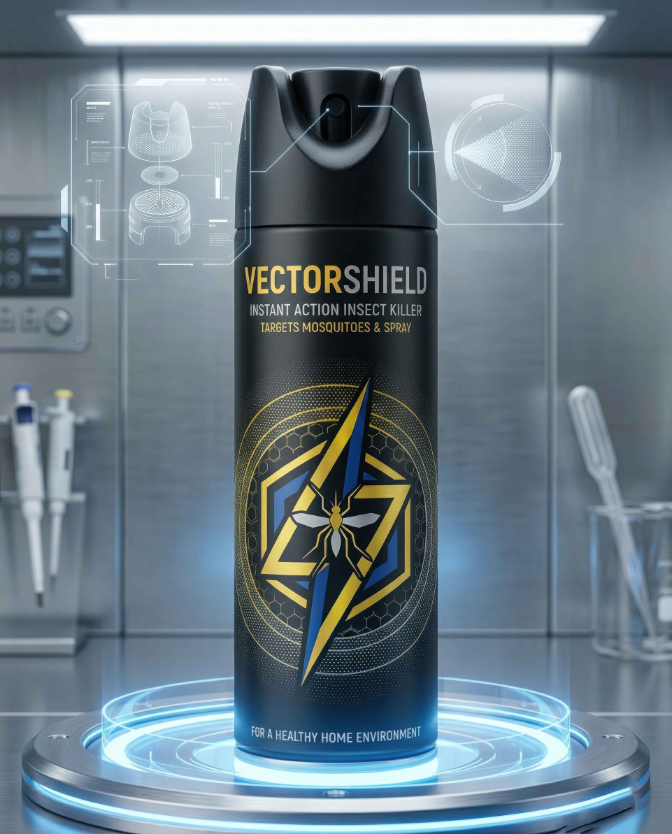 Insect spray can on futuristic tech dock with hologram display google gemini prompt