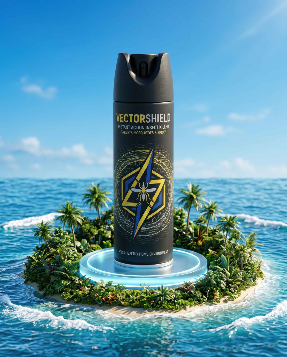Insect spray can on tropical island platform with ocean waves google gemini prompt