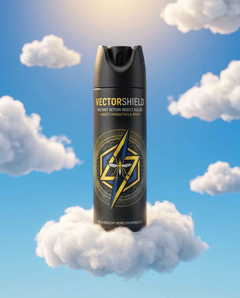 Insect spray can on cloud in blue sky surreal concept scene google gemini prompt