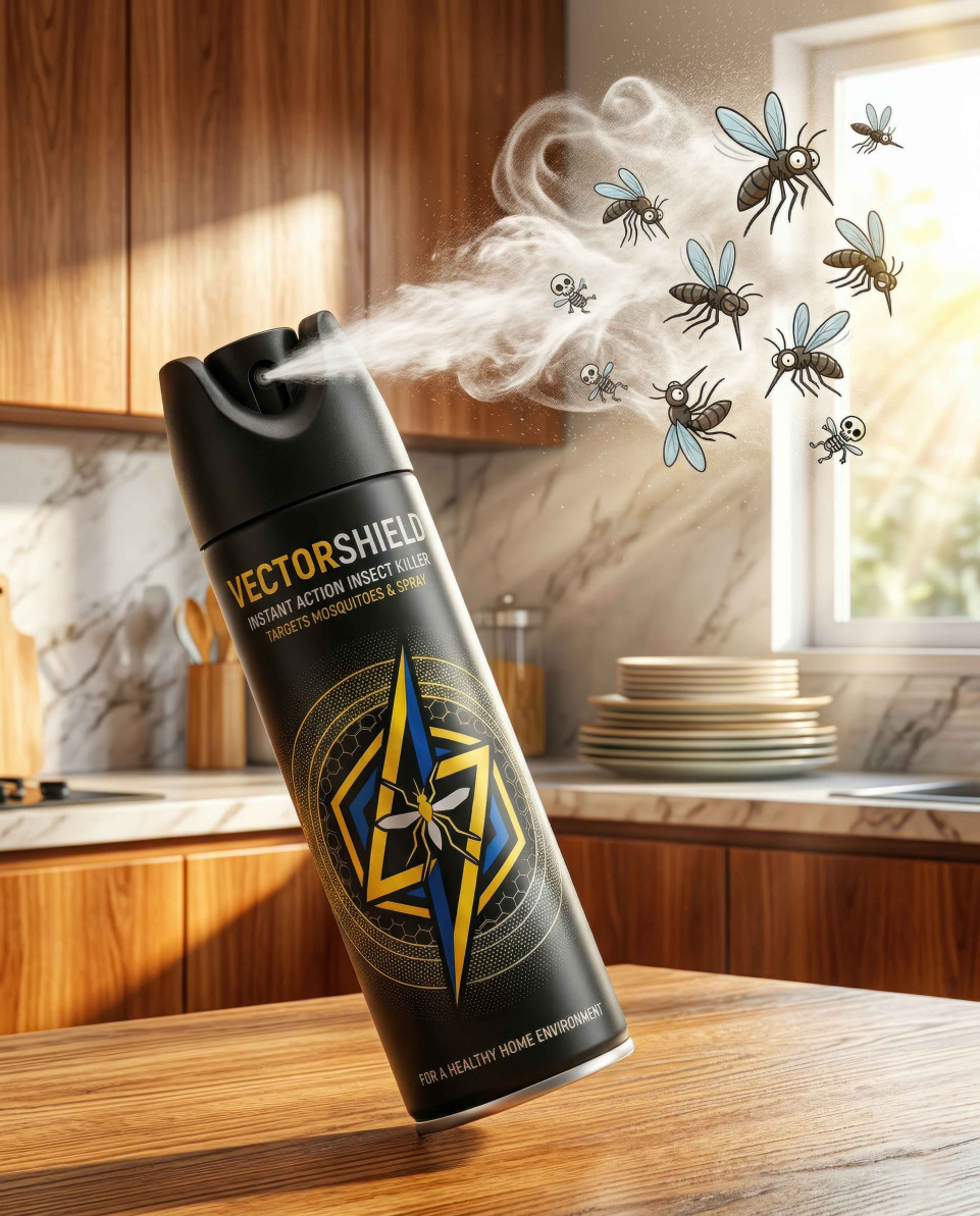 Insect spray can spraying mosquitoes on kitchen table action scene google gemini prompt