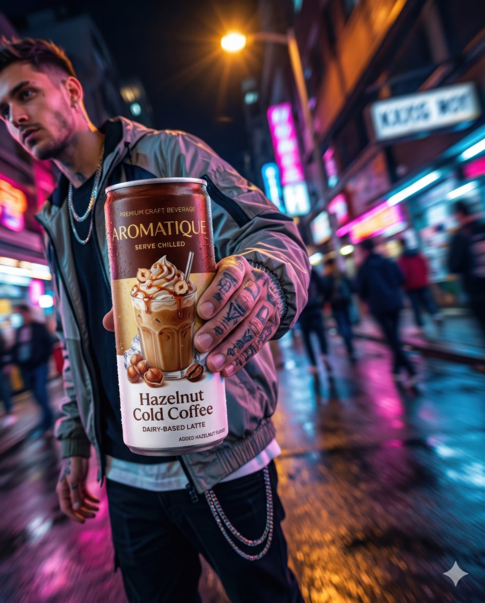 Energy drink can in neon street with motion blur urban style google gemini prompt