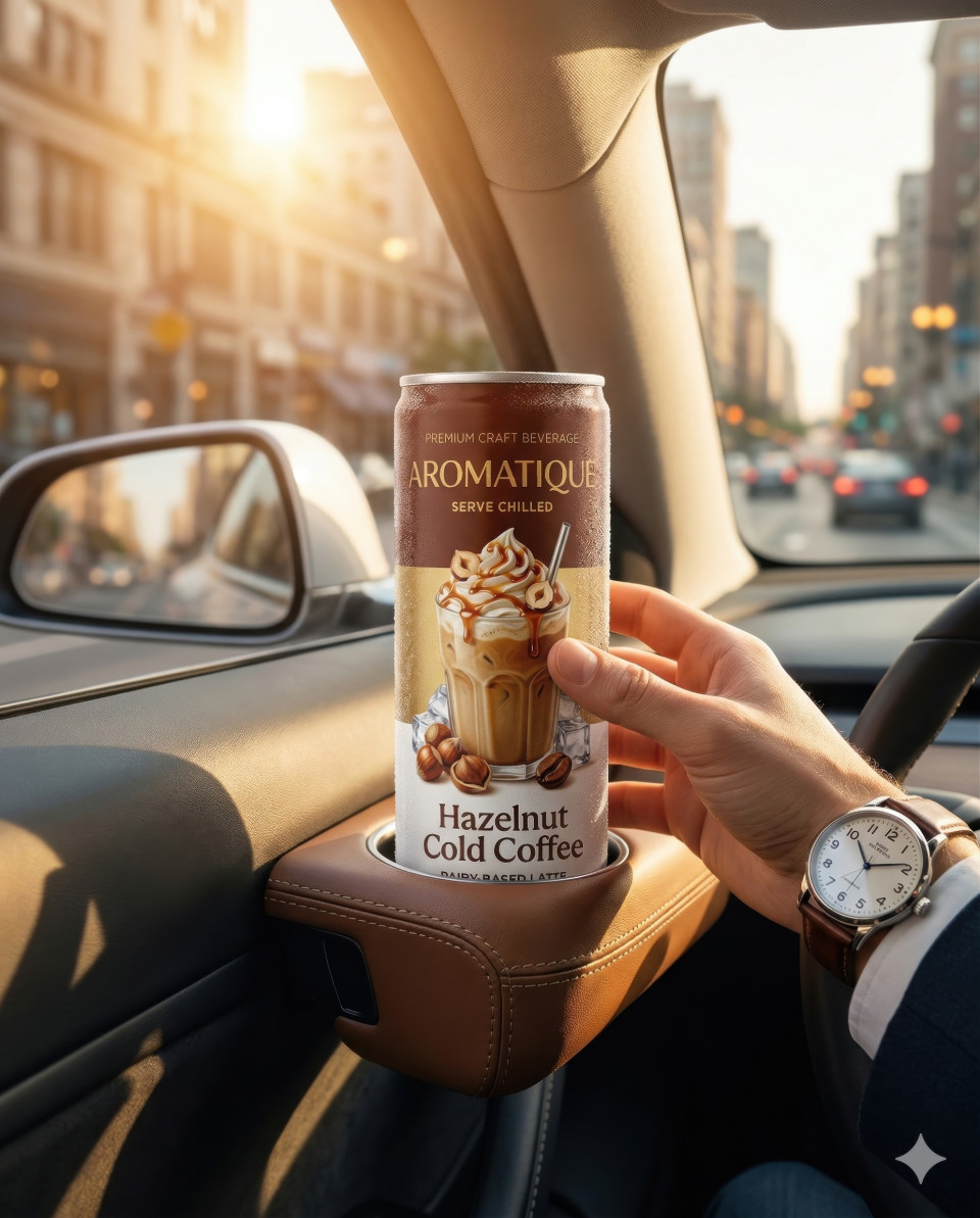 Energy drink in electric car cup holder with morning sunlight google gemini prompt