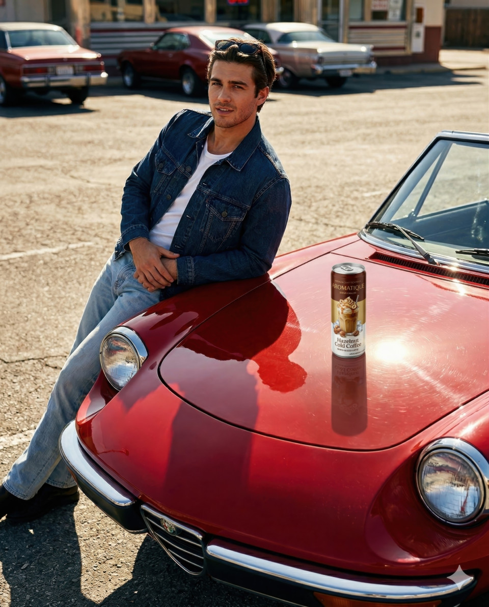 Energy drink on classic car hood with casual street lifestyle google gemini prompt