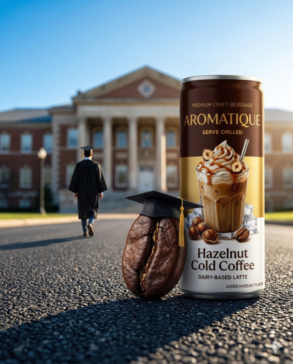 Energy drink with coffee bean graduate concept campus scene google gemini prompt