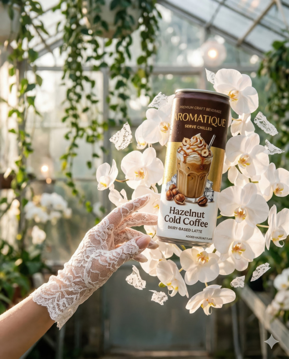 Energy drink levitating with orchids in greenhouse fashion scene google gemini prompt