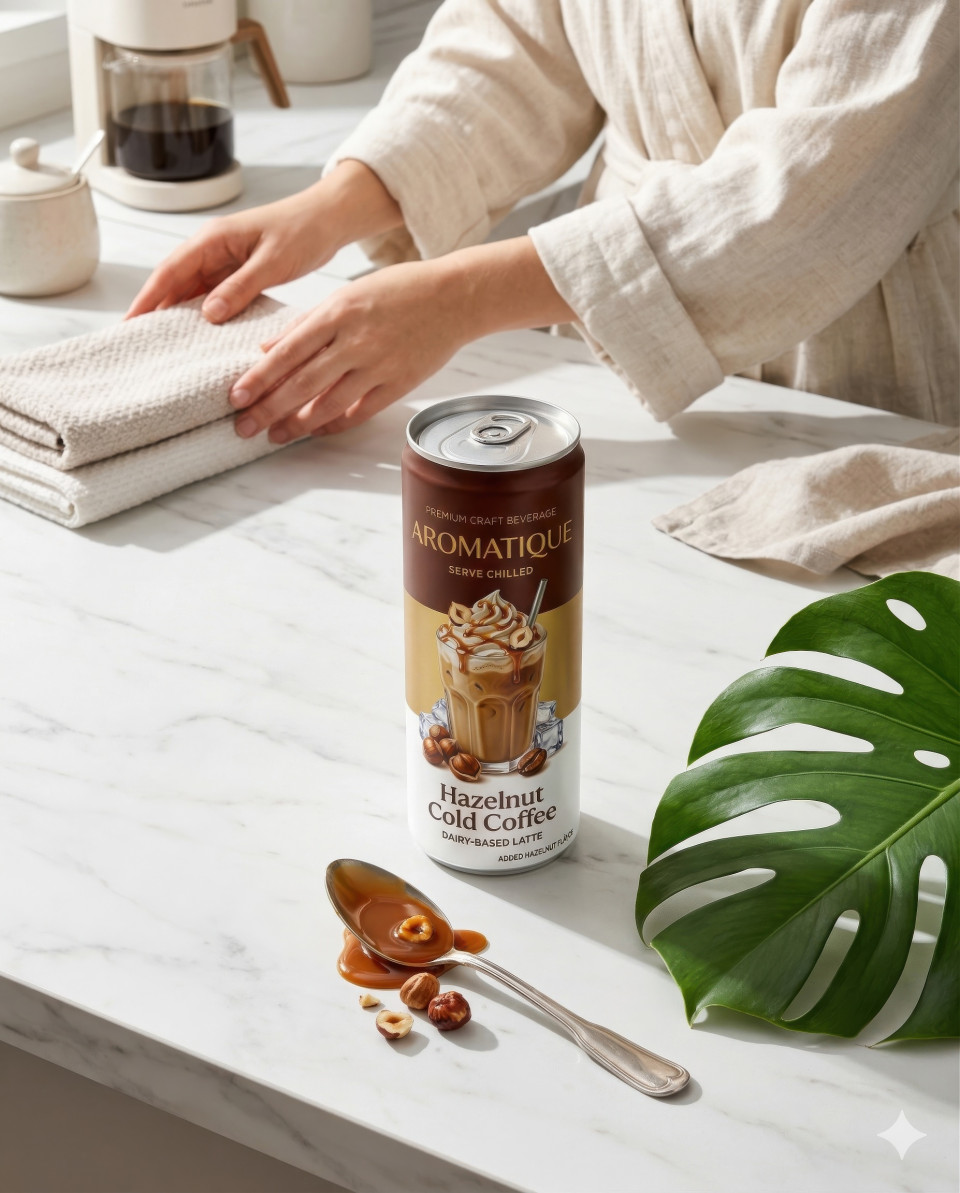 Energy drink on marble kitchen counter with caramel home scene google gemini prompt