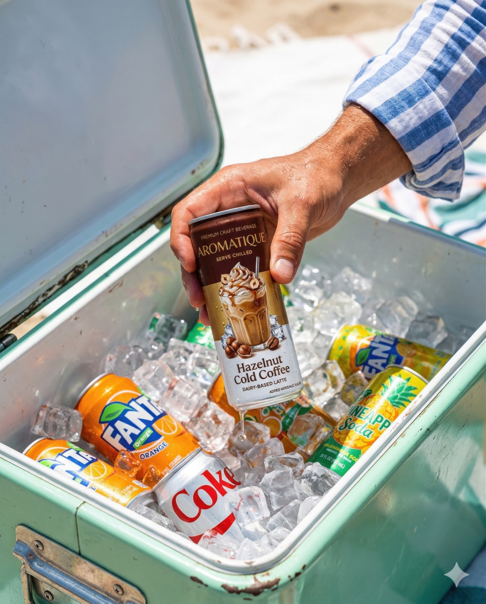 Energy drink in ice cooler beach party lifestyle top view google gemini prompt