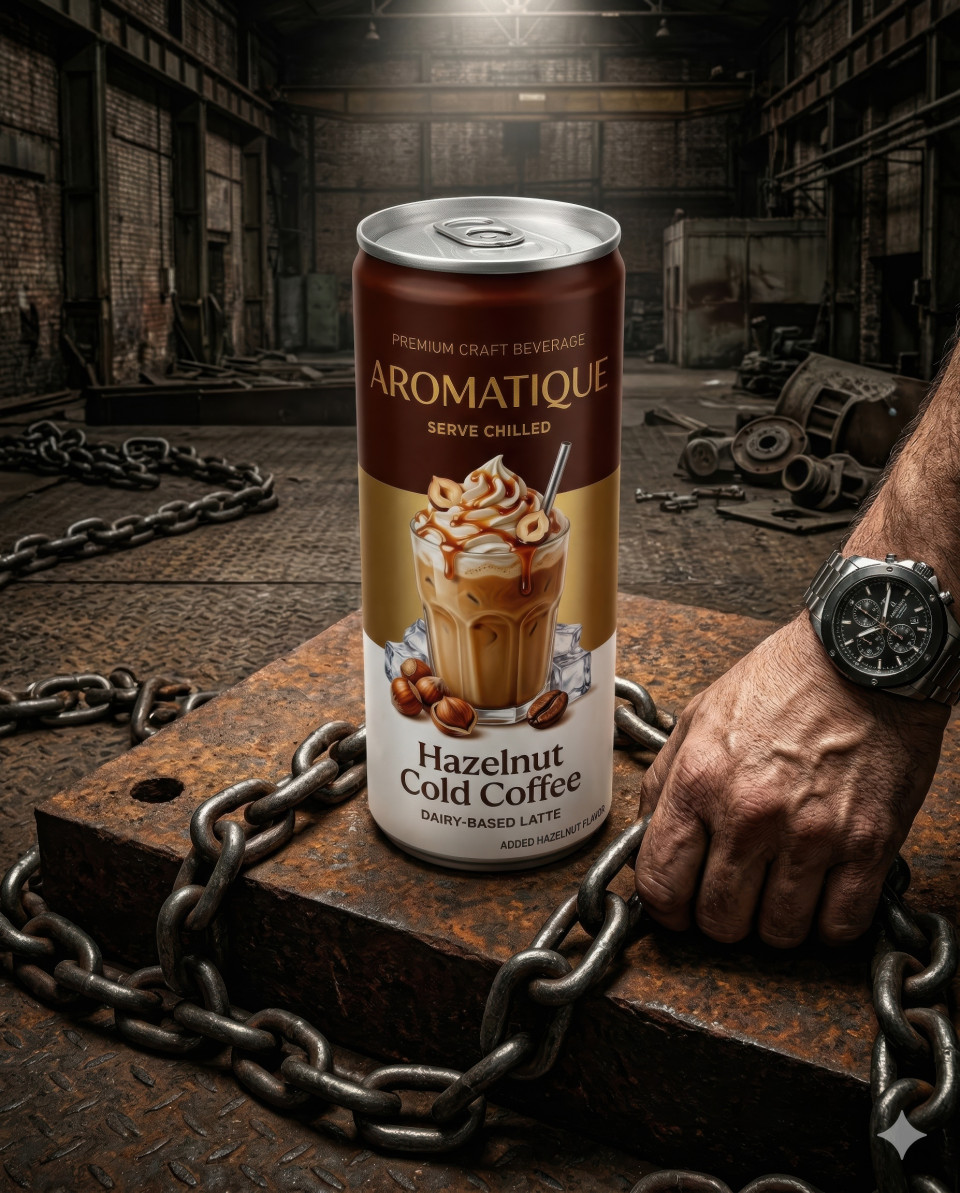 Energy drink with chains in industrial warehouse rugged scene google gemini prompt