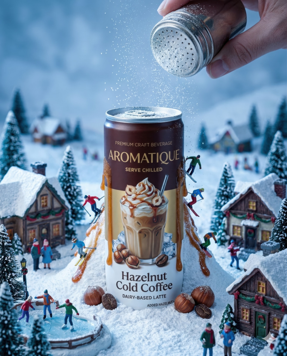 Energy drink as snowy peak in miniature winter village google gemini prompt