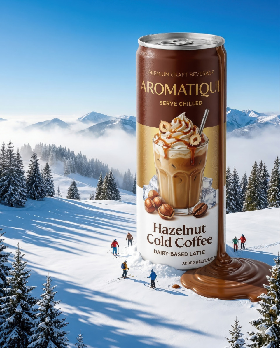 Giant energy drink can in snowy mountains surreal scale ad google gemini prompt