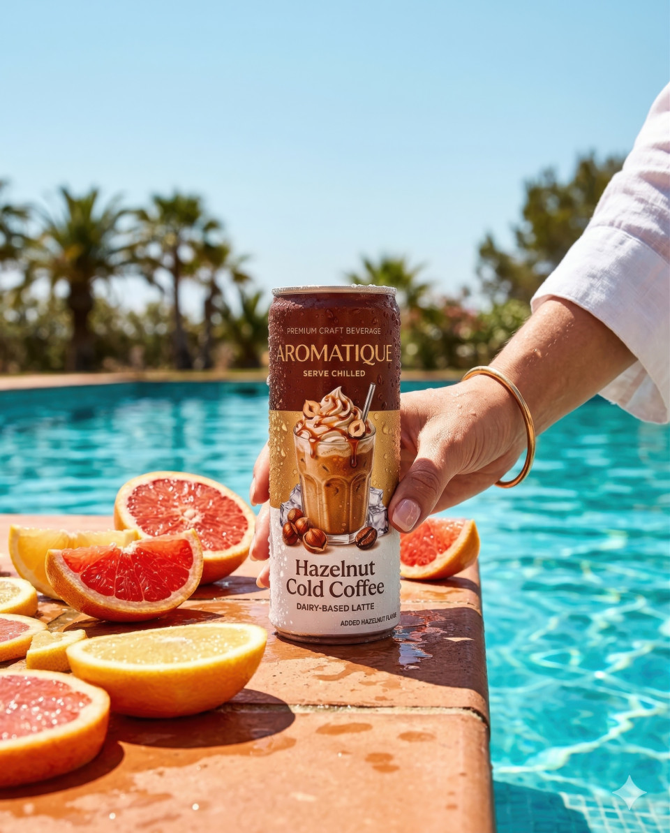 Energy drink by pool with grapefruit summer lifestyle scene google gemini prompt