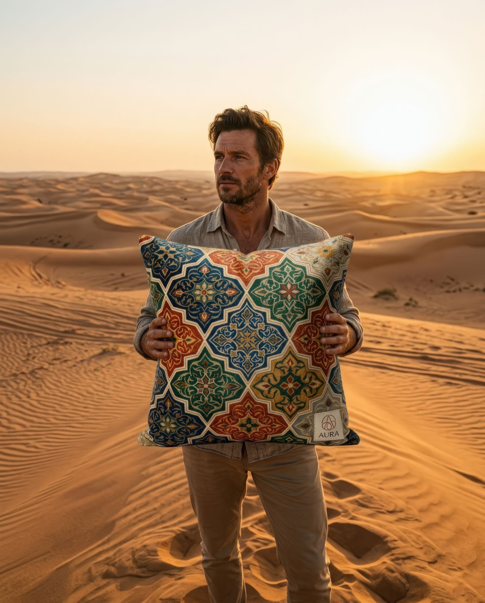 Velvet cushion in desert dunes golden hour lifestyle shot google gemini prompt