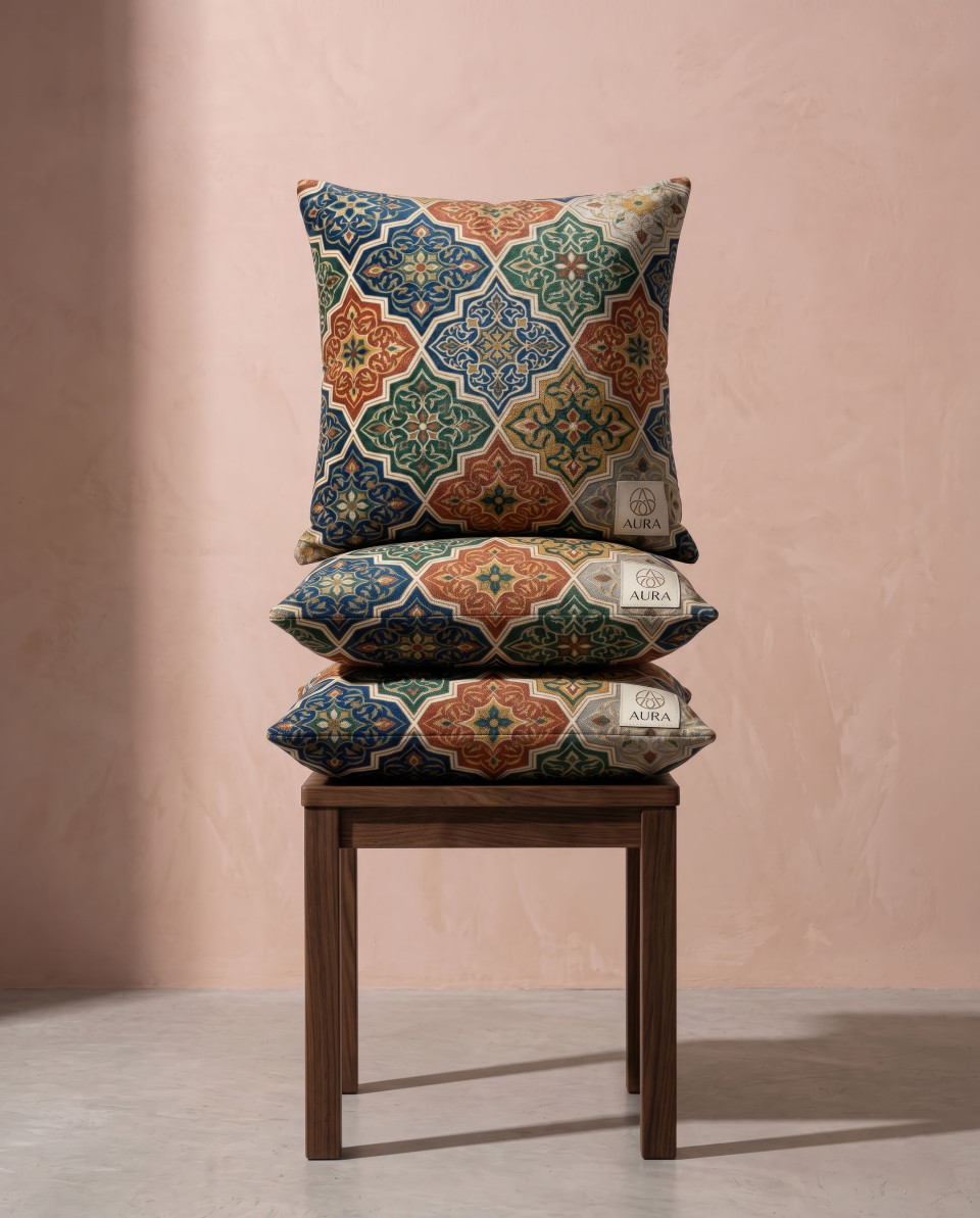 Stacked cushions on stool minimalist studio product display google gemini prompt