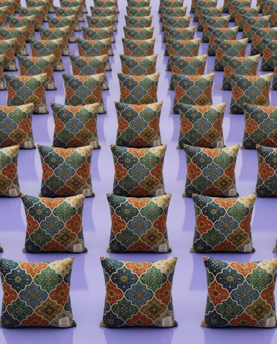 Repeating velvet cushions grid bold pattern product display google gemini prompt