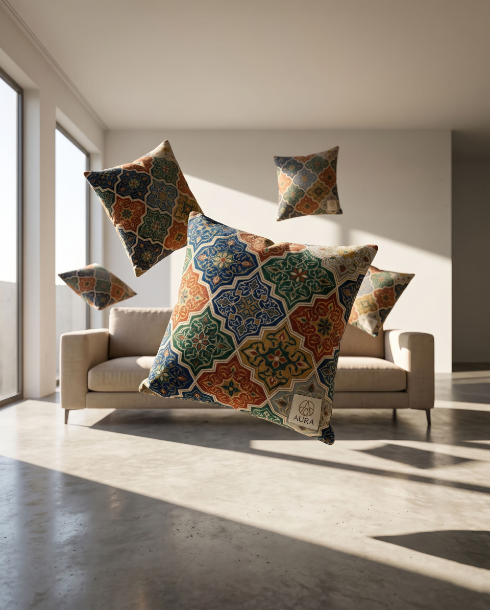 Floating velvet cushions in sunlit living room surreal concept google gemini prompt