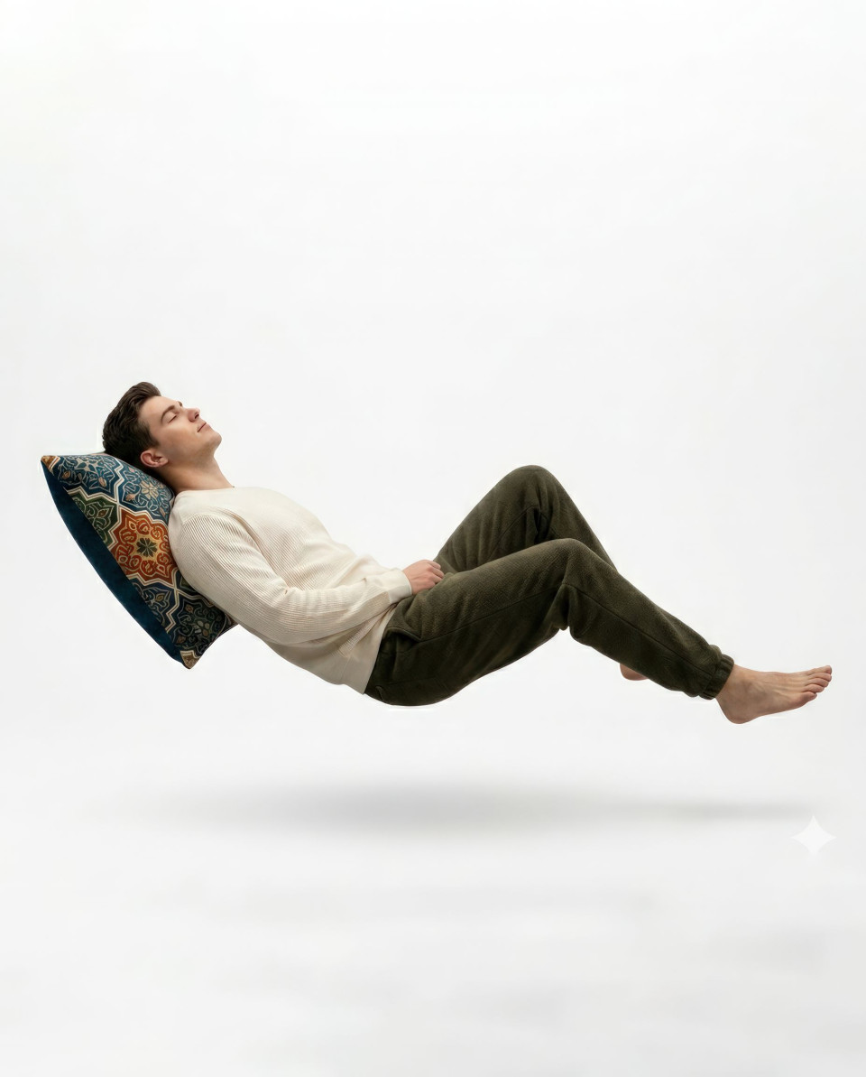 Floating cushion with person drifting comfort concept studio google gemini prompt