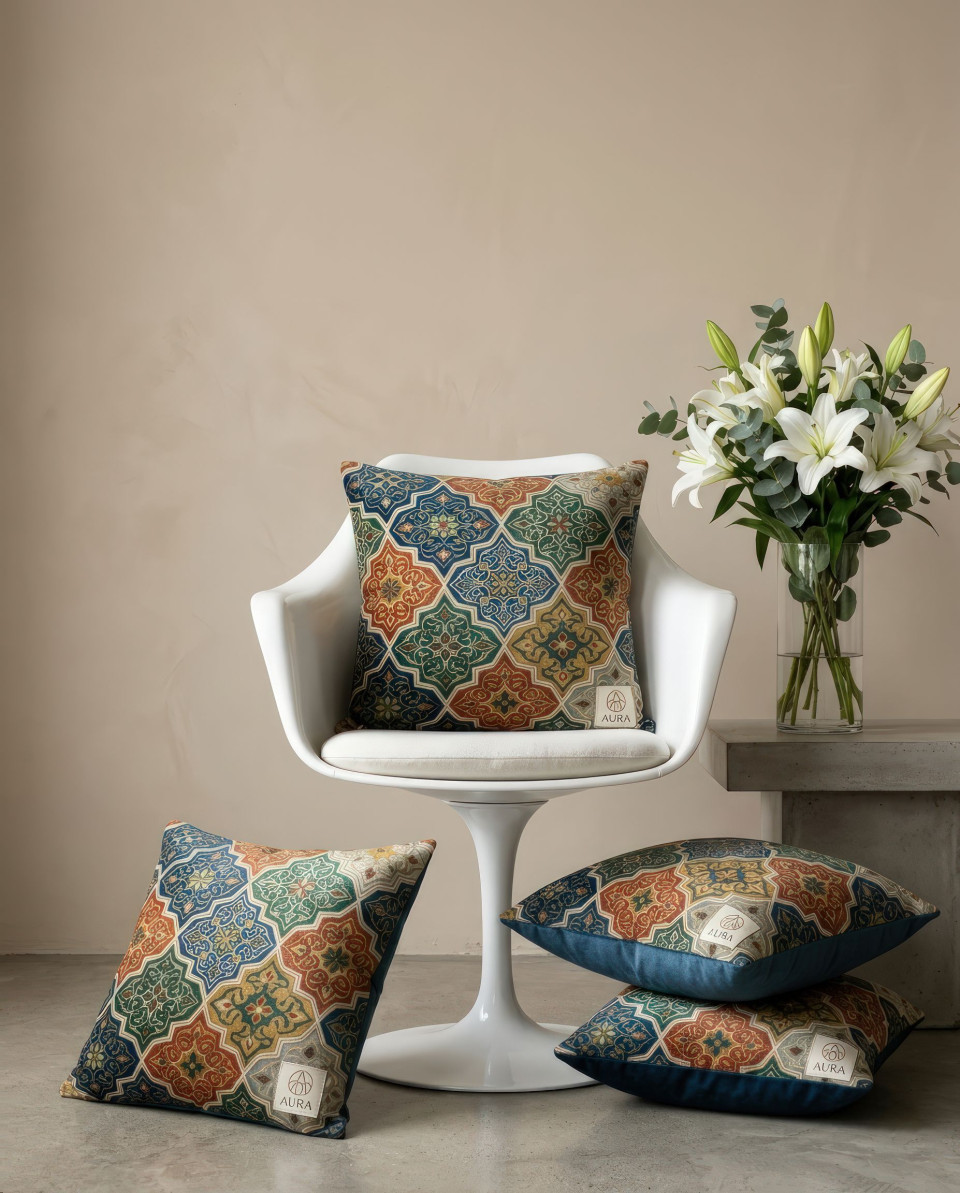 Velvet cushion styled interior with chair and flowers decor google gemini prompt