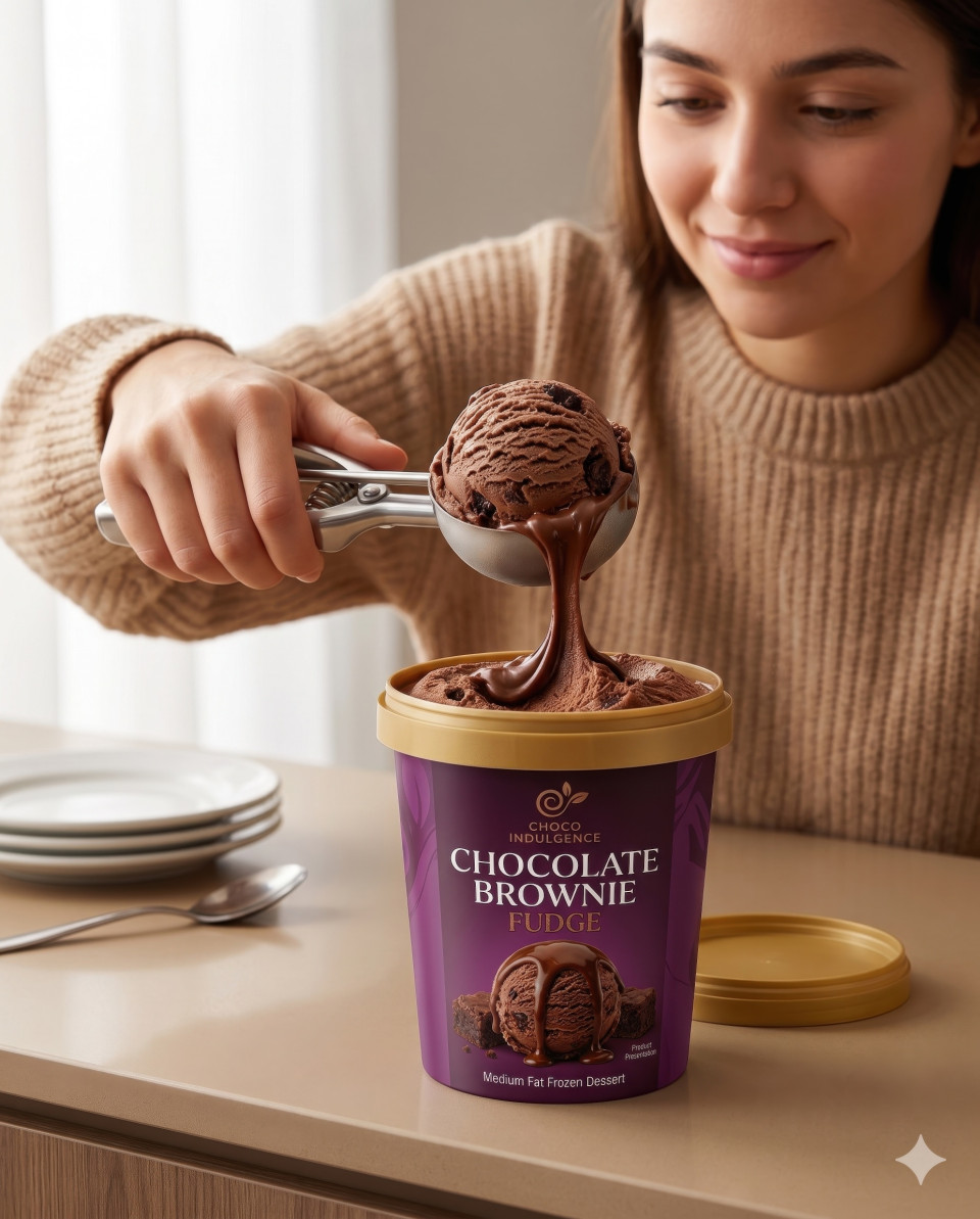 Woman scooping chocolate ice cream from tub in modern kitchen close up google gemini prompt