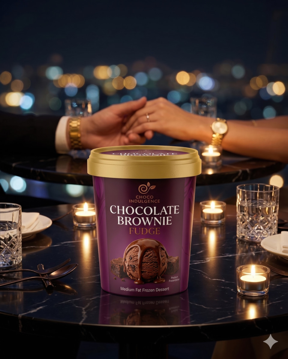 Romantic ice cream tub on rooftop bar table intimate evening dessert google gemini prompt