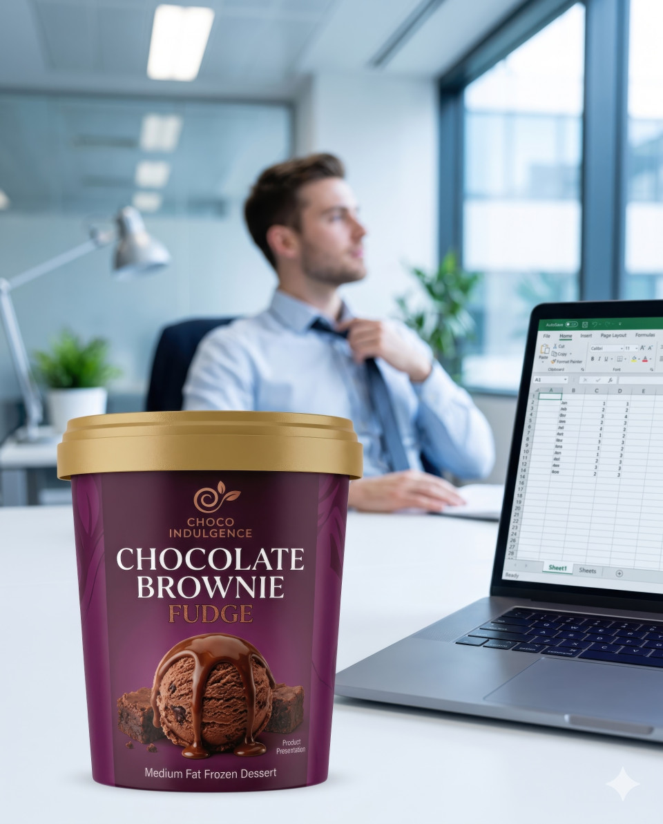 Ice cream tub on office desk with businessman relaxing break moment google gemini prompt