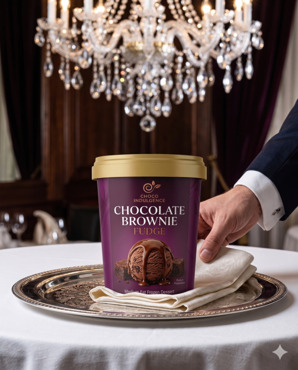 Ice cream tub on silver platter in fine dining luxury restaurant scene google gemini prompt