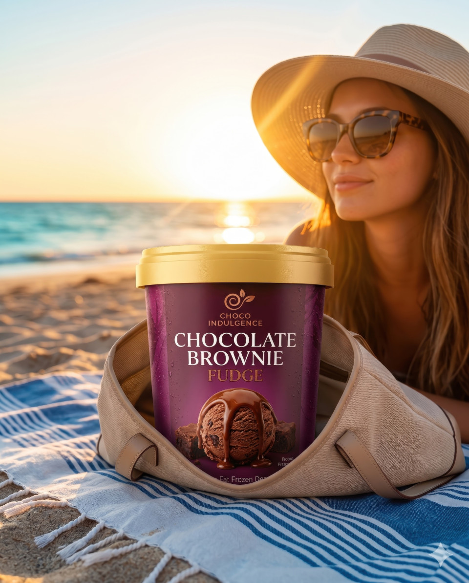 Ice cream tub at beach sunset in luxury tote summer vacation lifestyle google gemini prompt
