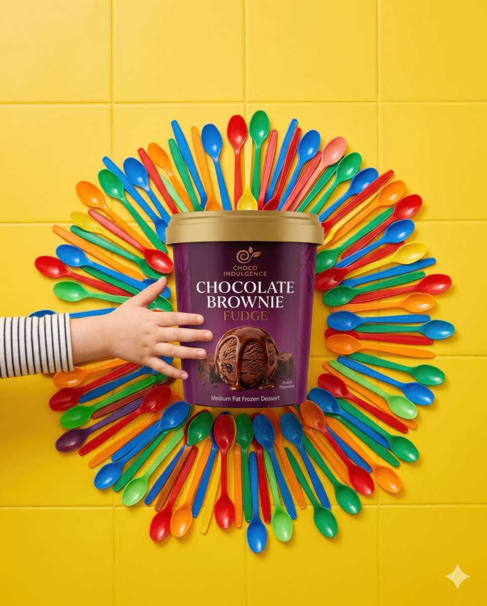 Ice cream tub flat lay with colorful spoons on bright playful floor google gemini prompt