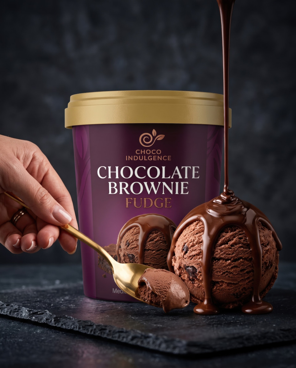 Macro chocolate ice cream scoop with rich sauce pour dark luxury style google gemini prompt