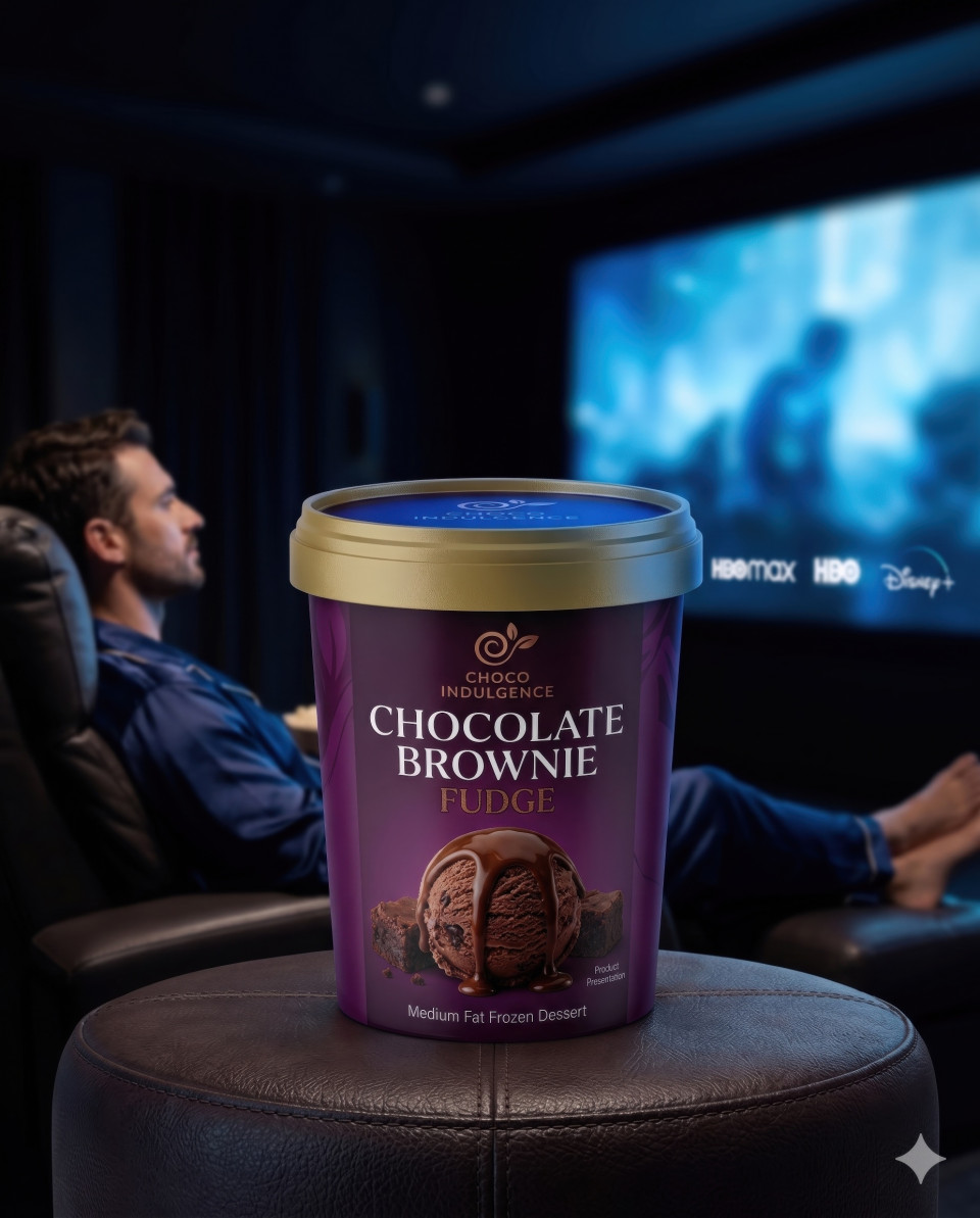 Ice cream tub in luxury home theater with cinematic night atmosphere google gemini prompt