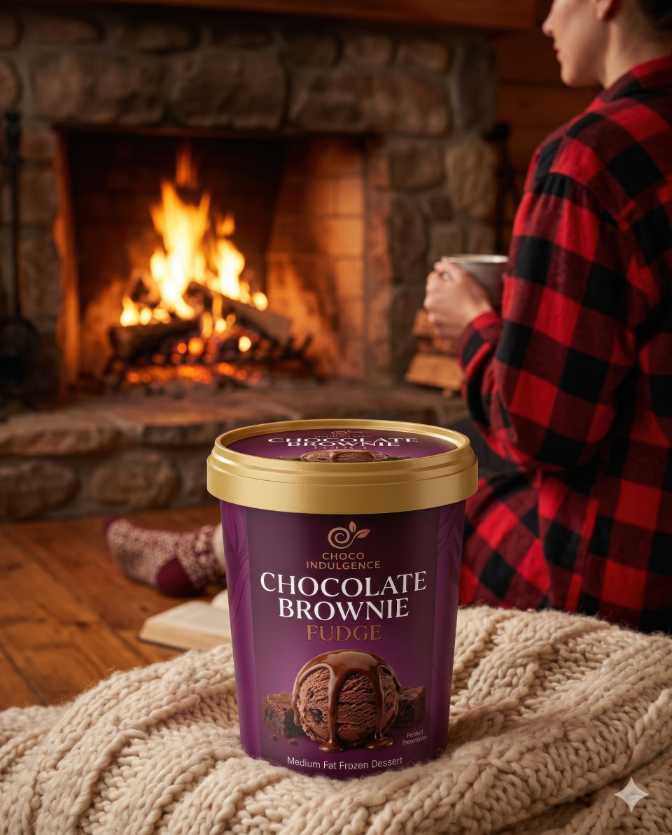 Ice cream tub by fireplace on cozy blanket warm winter lifestyle scene google gemini prompt