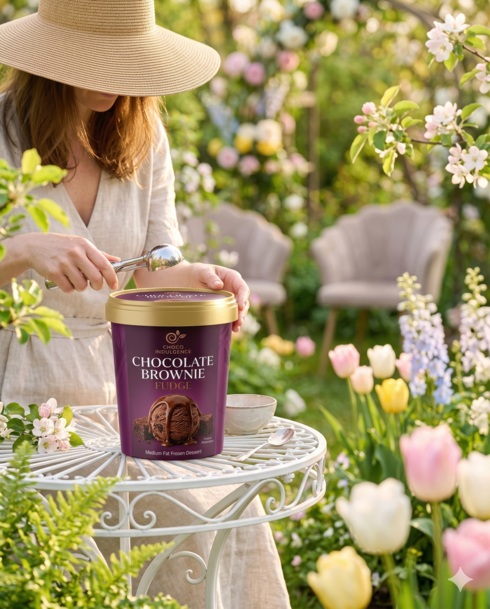 Ice cream tub on garden table in blooming spring outdoor lifestyle scene google gemini prompt