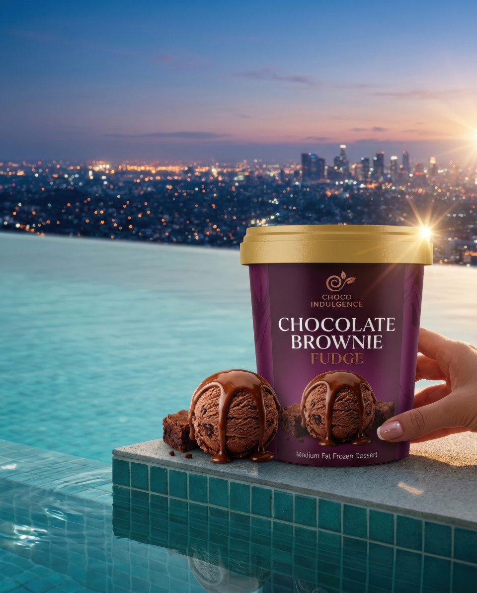 Ice cream tub by infinity pool with city skyline luxury summer vibe google gemini prompt