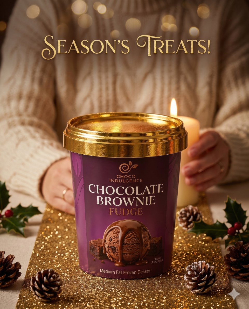 Festive ice cream tub with holiday decor and candlelight warm scene google gemini prompt