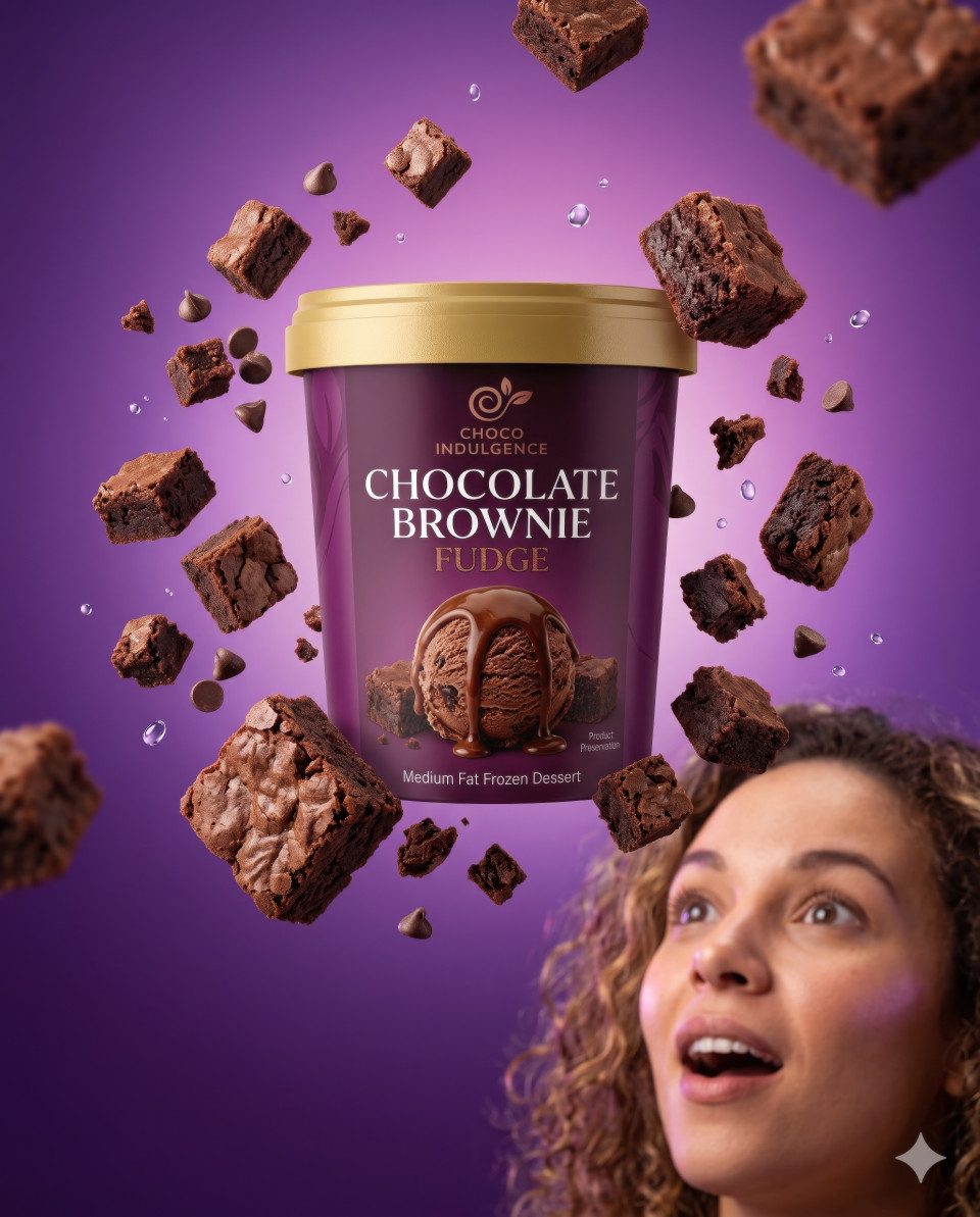 Floating ice cream tub with brownie pieces in surreal studio concept shot google gemini prompt