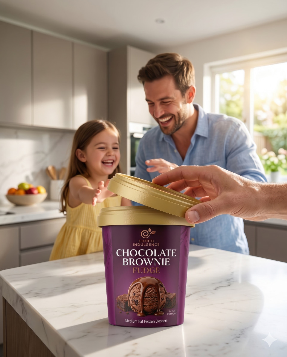 Family enjoying ice cream tub in bright modern kitchen lifestyle scene google gemini prompt