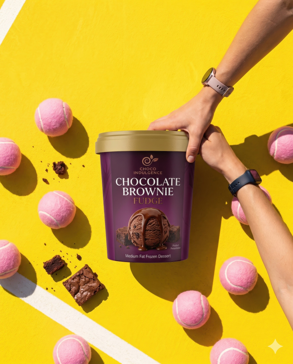 Ice cream tub flat lay on tennis court with sporty lifestyle vibe google gemini prompt