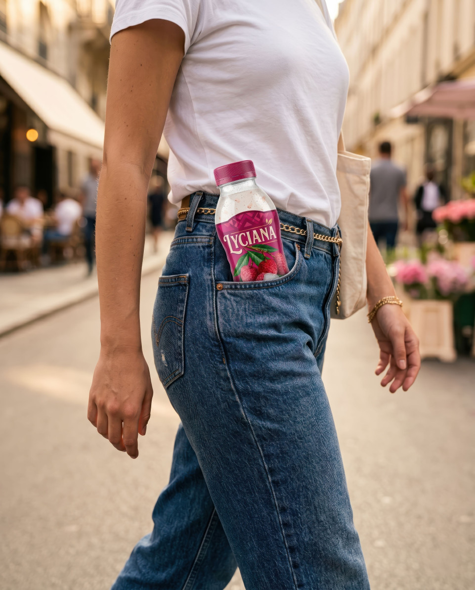 Lychee drink bottle in denim pocket street style lifestyle google gemini prompt